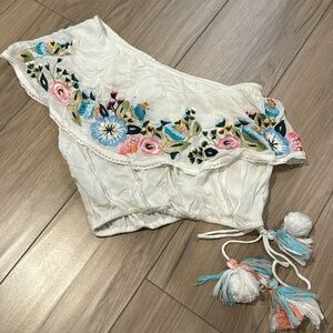 Embroidered floral one shoulder with pompom side tie